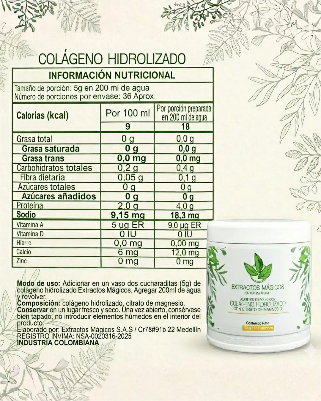 Tabla nutricional Colágeno con Citrato de Magnesio